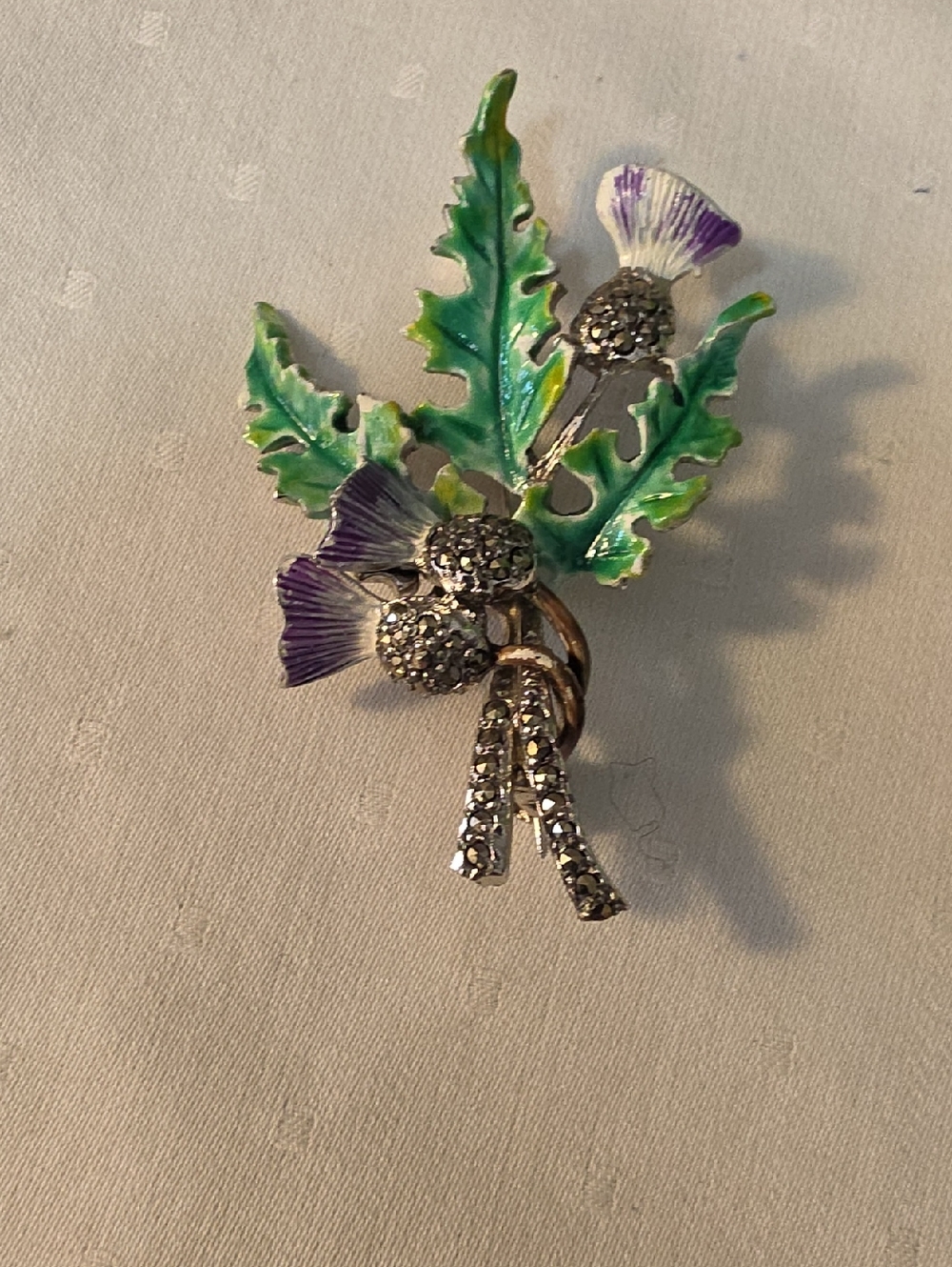 Enamel Thistle Floral Brooch with Rhinestones - Green & Purple